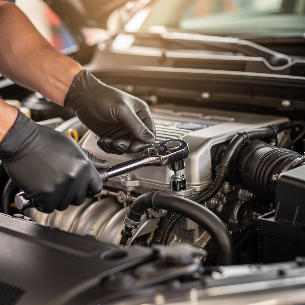 Quality Auto & Truck Repair technician performing preventive maintenance and fluid check on a vehicle in San Diego